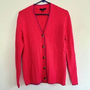 Ann Taylor | Soft Cableknit Cardigan | Bright pink w/purple trim | Size Medium